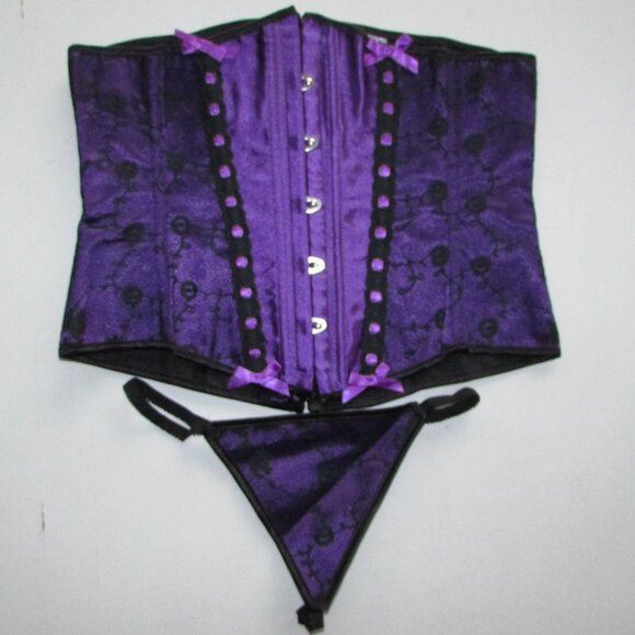 Purple Satin Black Lace Underbust Waist Cincher Corset Set - NEW - Picture 10 of 10
